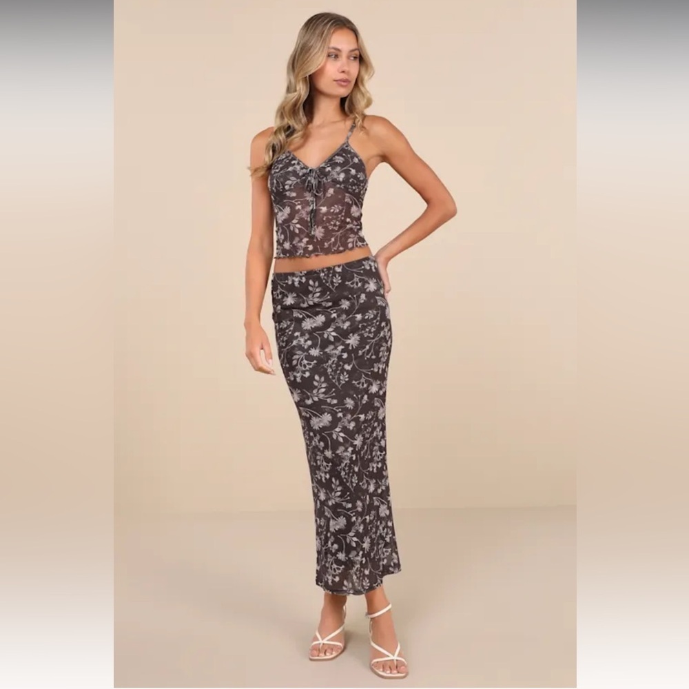 Glamorous Dark Grey Floral Mesh Maxi Skirt High Waist Column Ankle Length L NWT - Picture 1 of 3